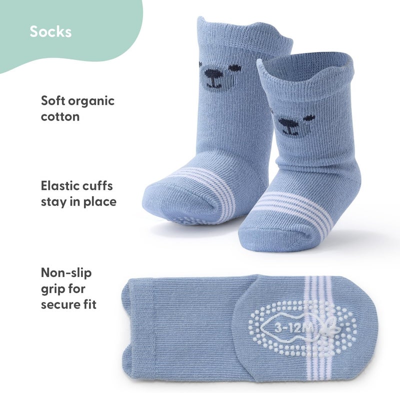 The Peanut Shell Organic Baby Boy Socks 0-24 Months Set of 12 - Non-Slip Grip, Soft Cotton Newborn & Toddler Socks - Blue Gray - Image 2